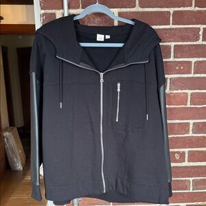 GAP True Black Leather (faux)-sleeve zip hoodie fleece lined.